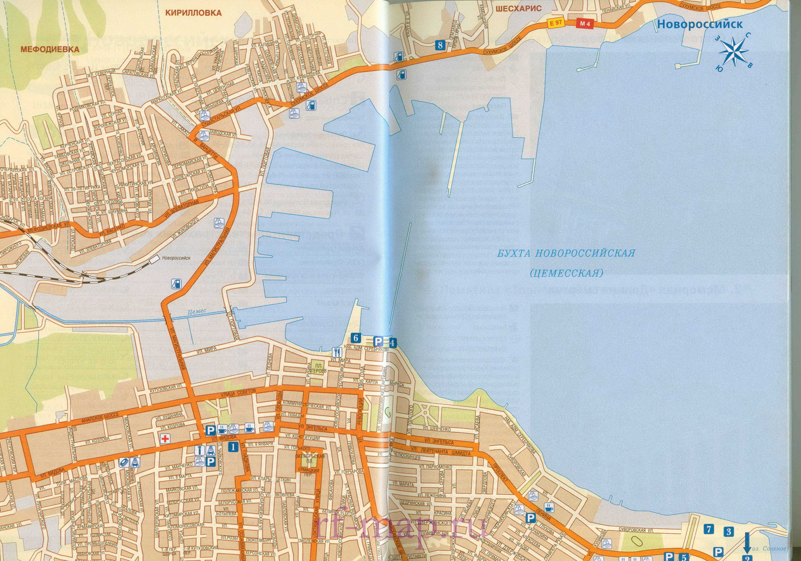 Карта улиц Новороссийска. Крупномасштабная карта города Новороссийск с названиями улиц и схемой проезда транспорта, A0 - 