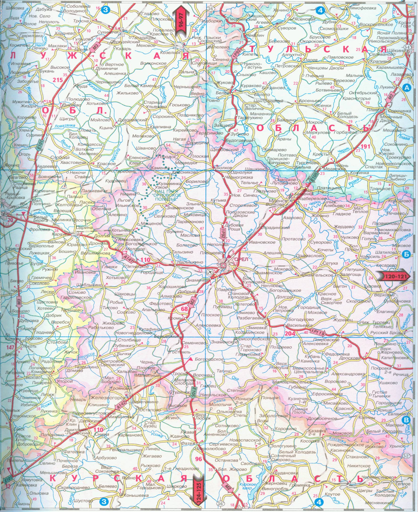 Карта Орловской области. Карта автомобильных дорог Орловской области, A0 - 