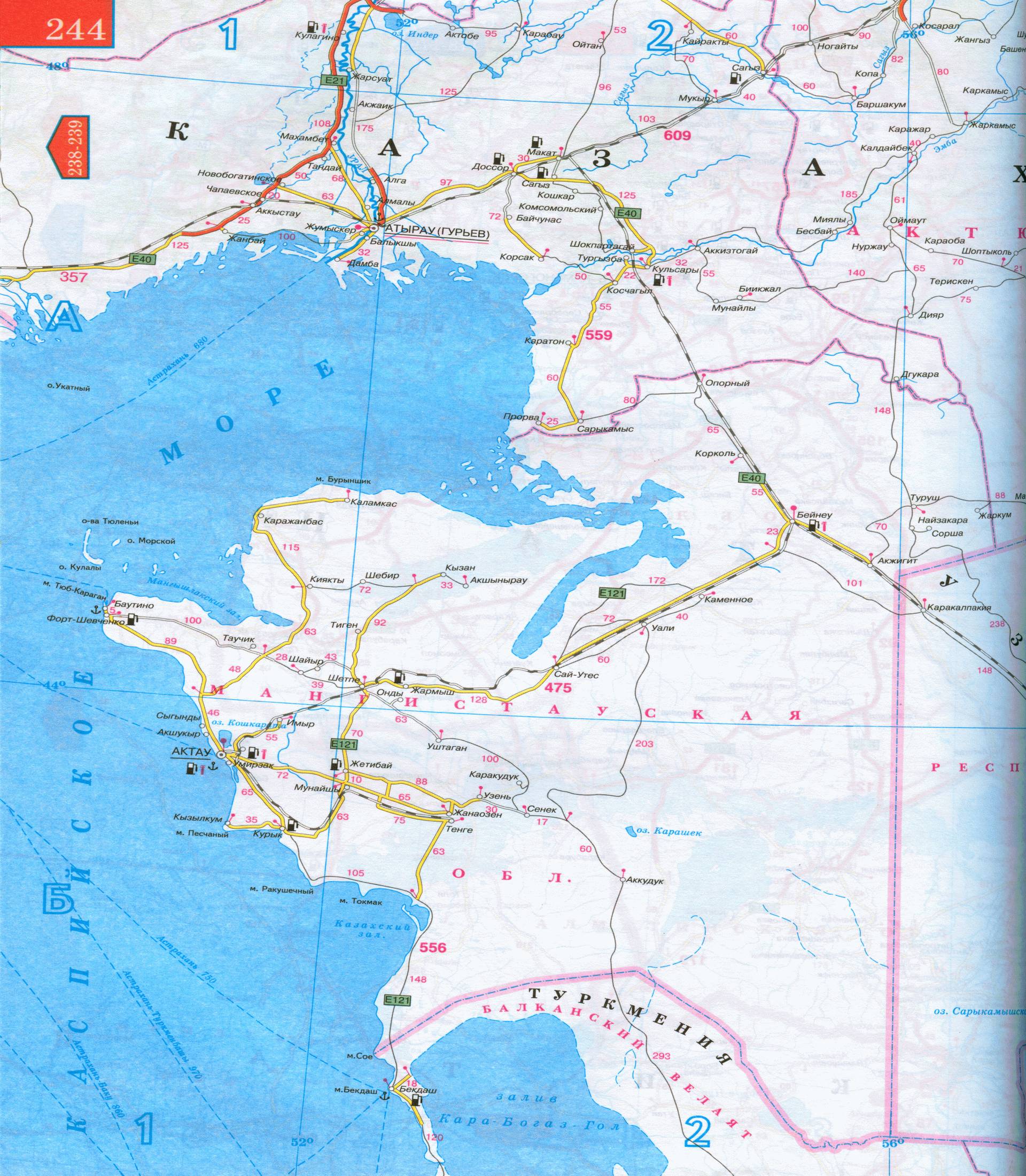 Карта Западного Казахстана - Уральск, Актюбинск, Гурьев, Аральск, Актау. Карта автомобильных дорог западного Казахстана, A1 - 