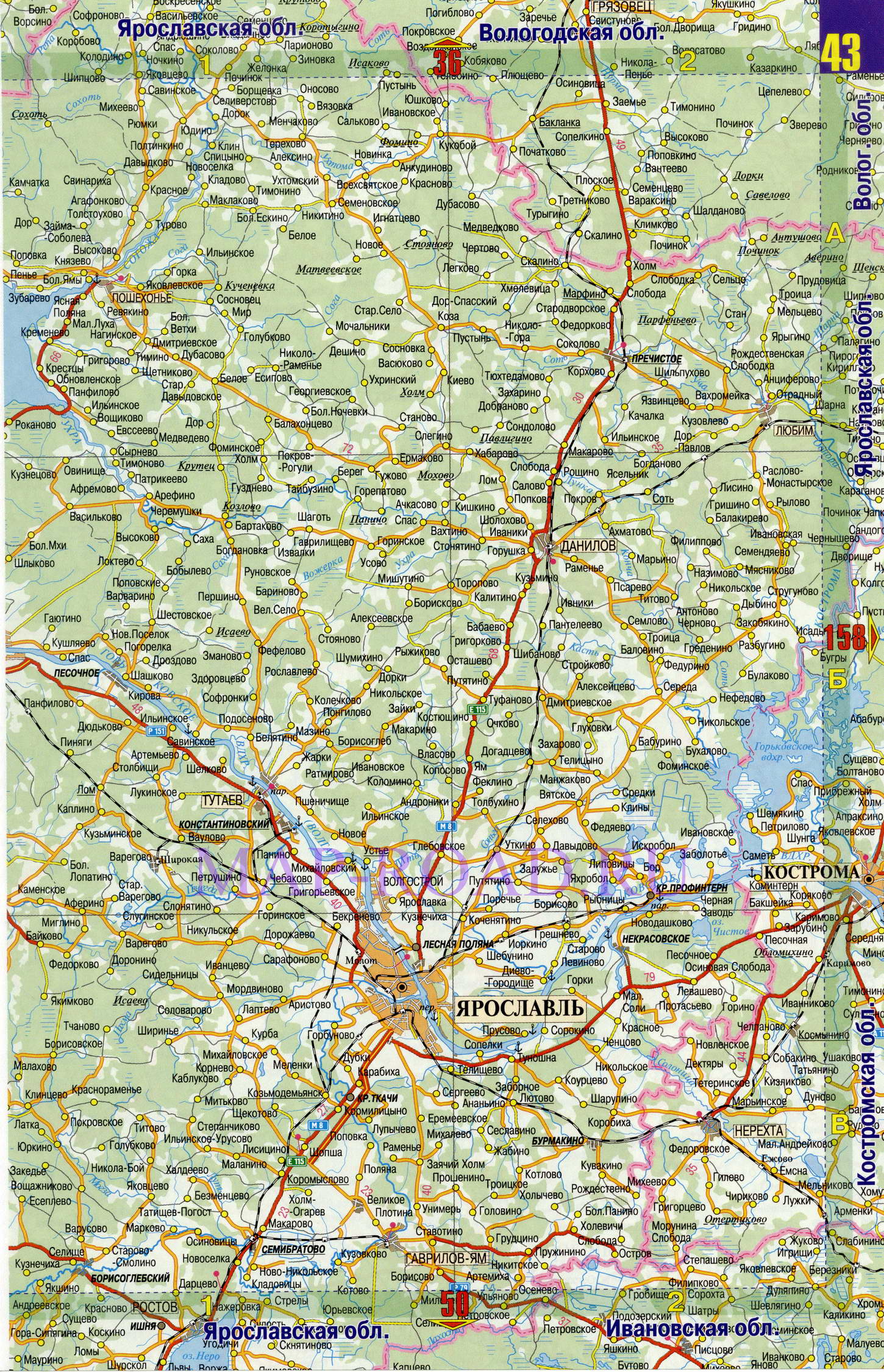 Подробная карта Ярославской области. Карта масштаба 1см:7км - Ярославская область, B0 - 