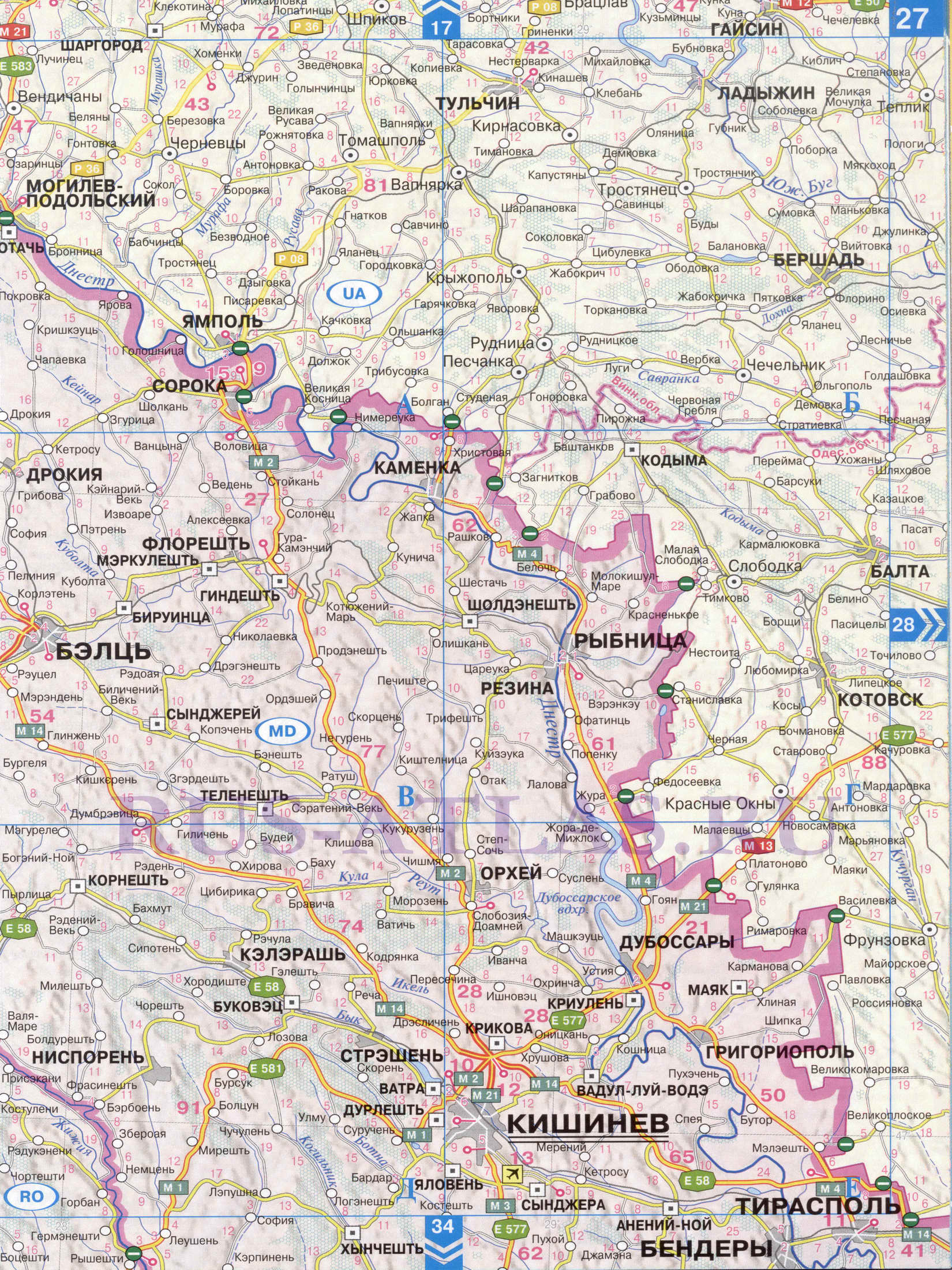 Автомобильная карта Одесской области. Атлас дорог СНГ - карта Одесской области и Молдавии, A0 - 