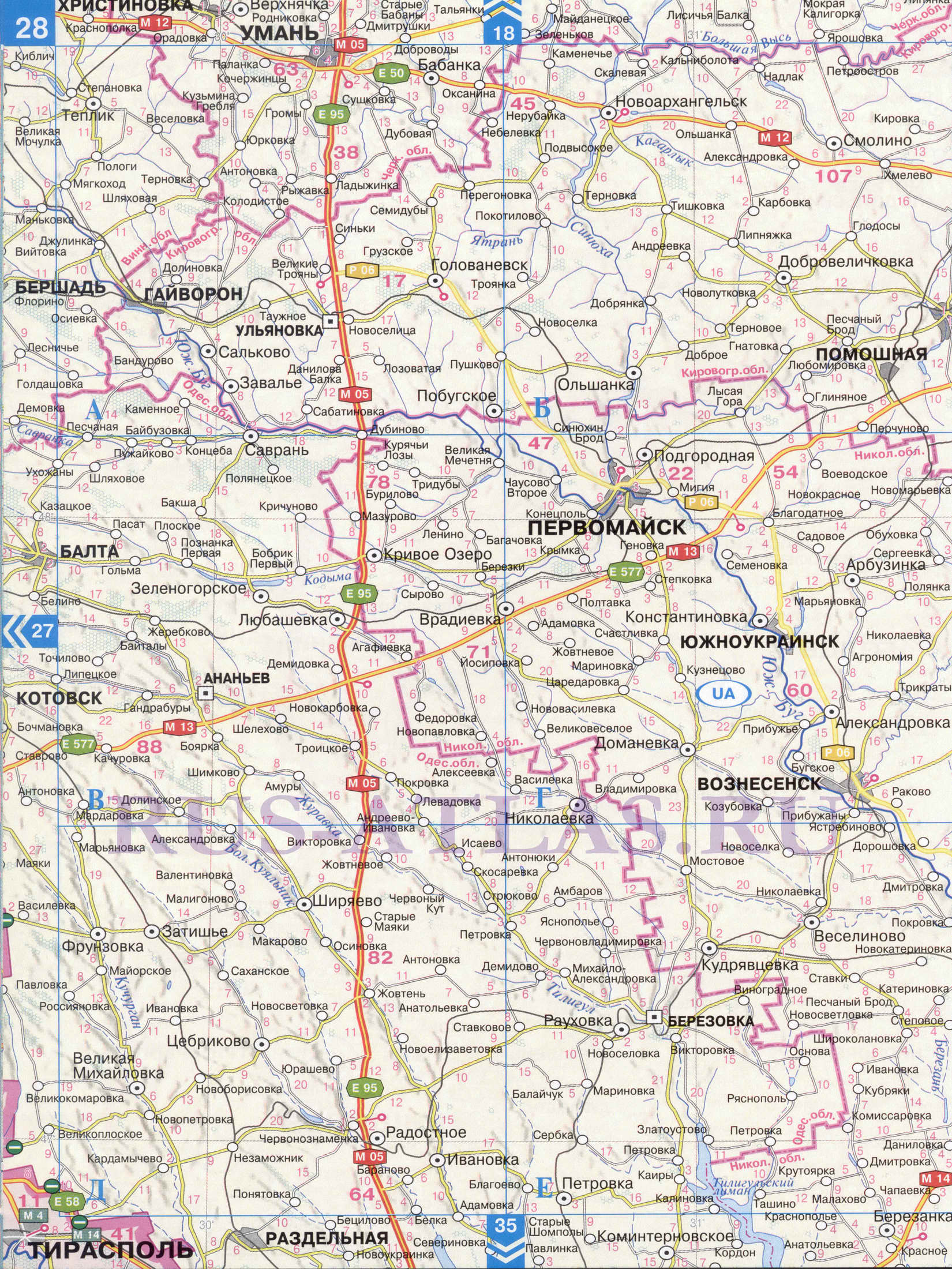 Автомобильная карта Одесской области. Атлас дорог СНГ - карта Одесской области и Молдавии, B0 - 
