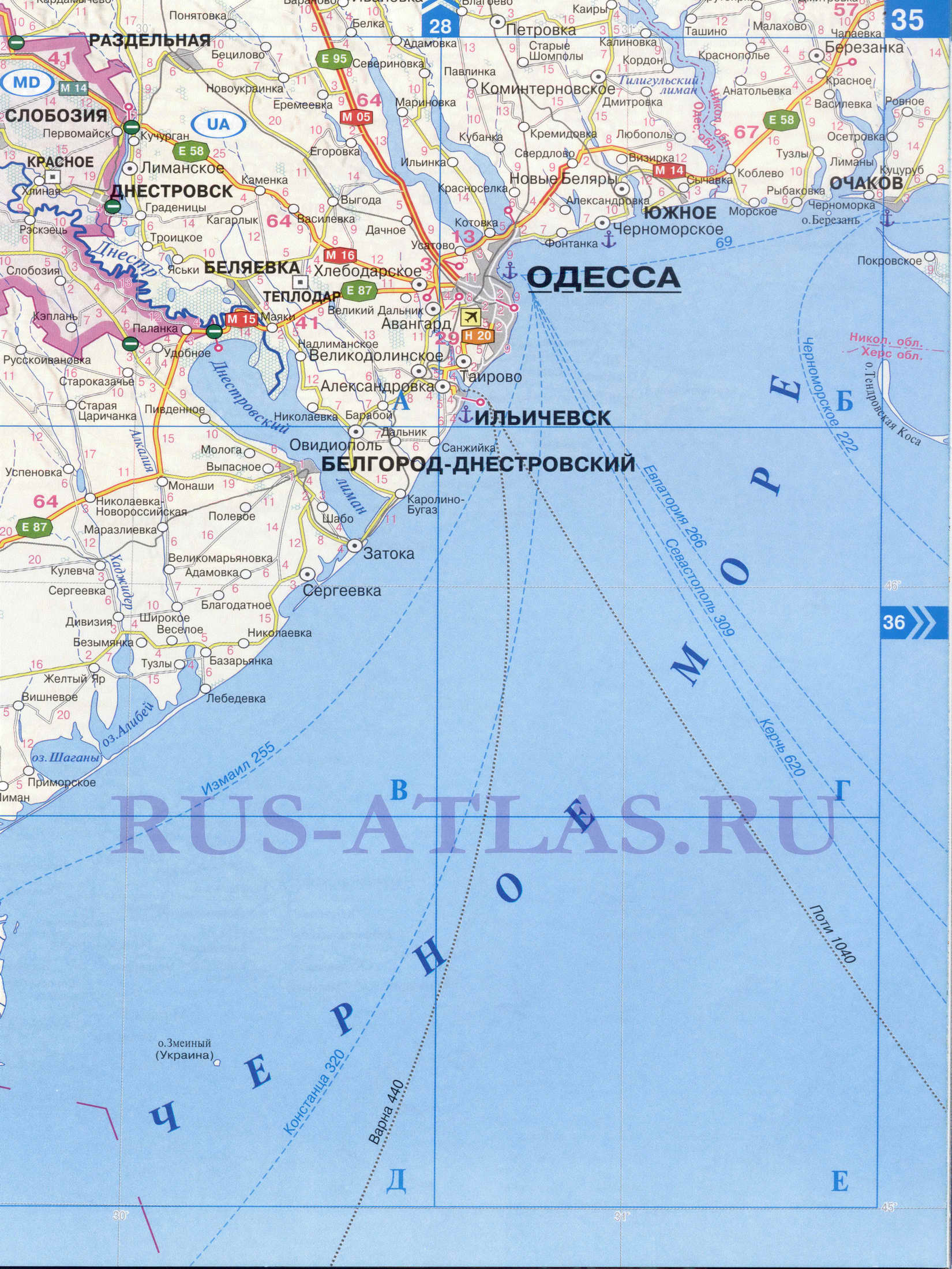 Автомобильная карта Одесской области. Атлас дорог СНГ - карта Одесской области и Молдавии, B1 - 