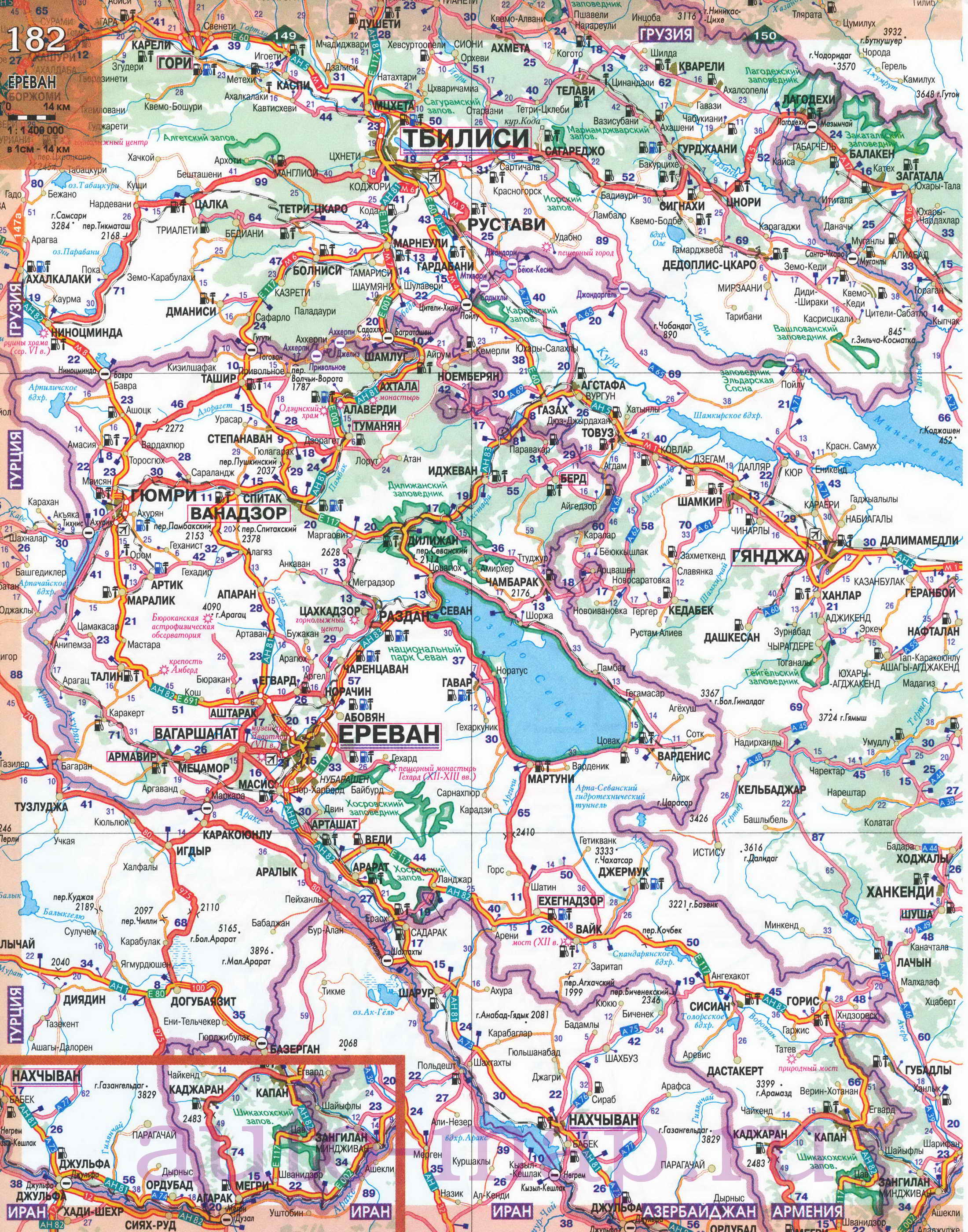 Карта Азербайджана и Армении. Подробная автомобильная карта Азербайджана и Армении, A0 - 