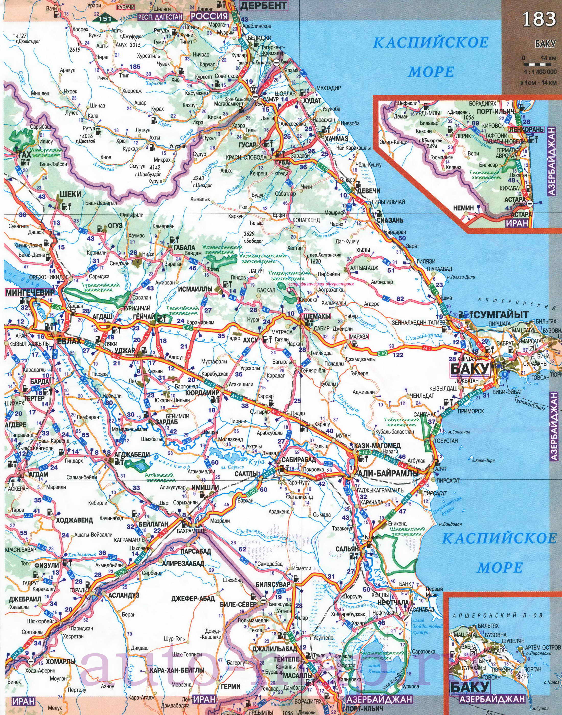 Карта Азербайджана и Армении. Подробная автомобильная карта Азербайджана и Армении, B0 - 